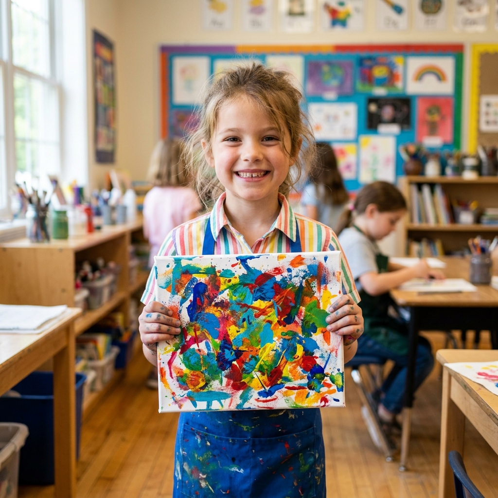 A smiling child proudly showing off a homemade abstract painting on canvas