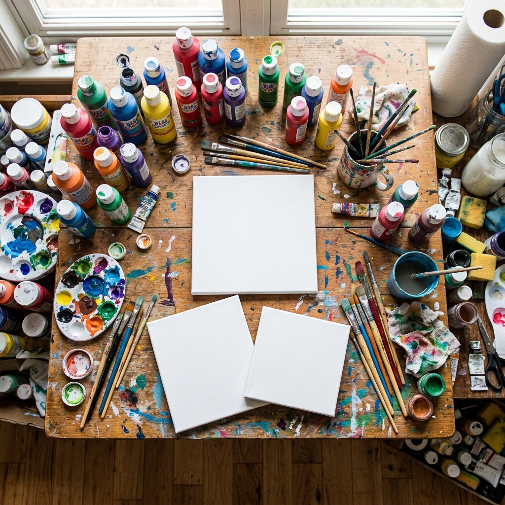 Overhead shot of a messy but creative home art studio for kids featuring blank canvases, paint brushes, and colorful acrylic paints