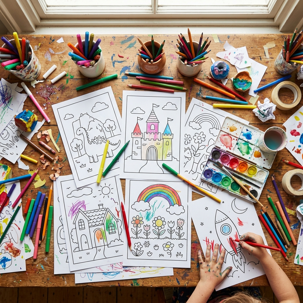 Overhead view of a creative art station with printed free coloring sheets for kids and markers
