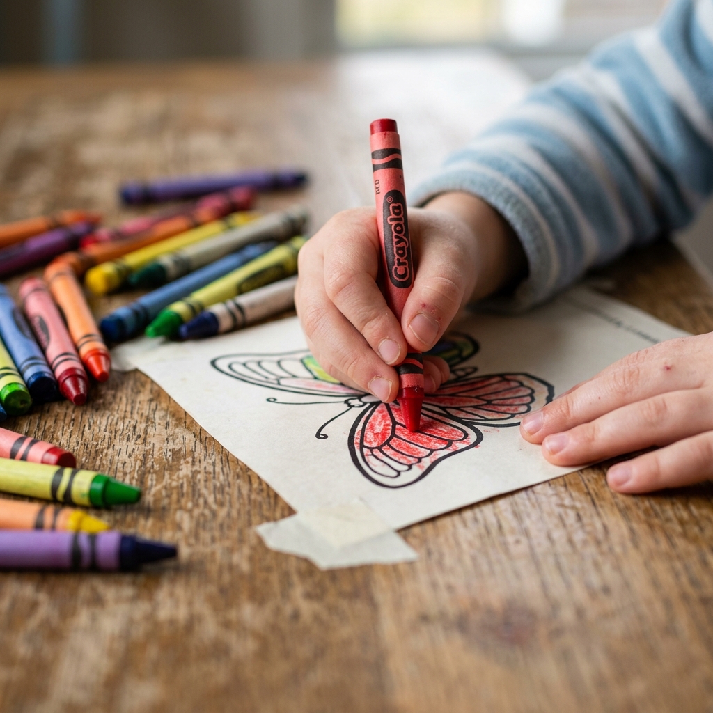 Close up of a child using a bright red crayon on free coloring sheets for kids