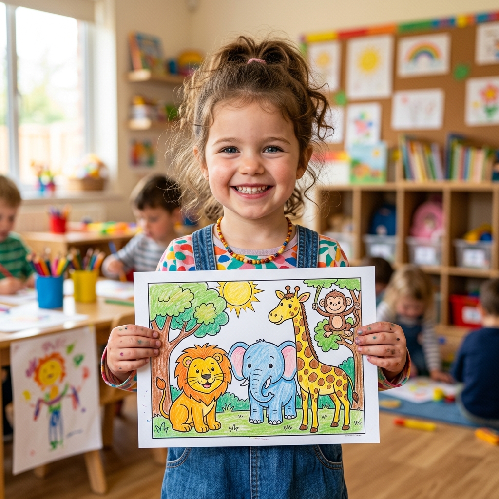Preschooler proudly showing off their finished coloring sheet for kids