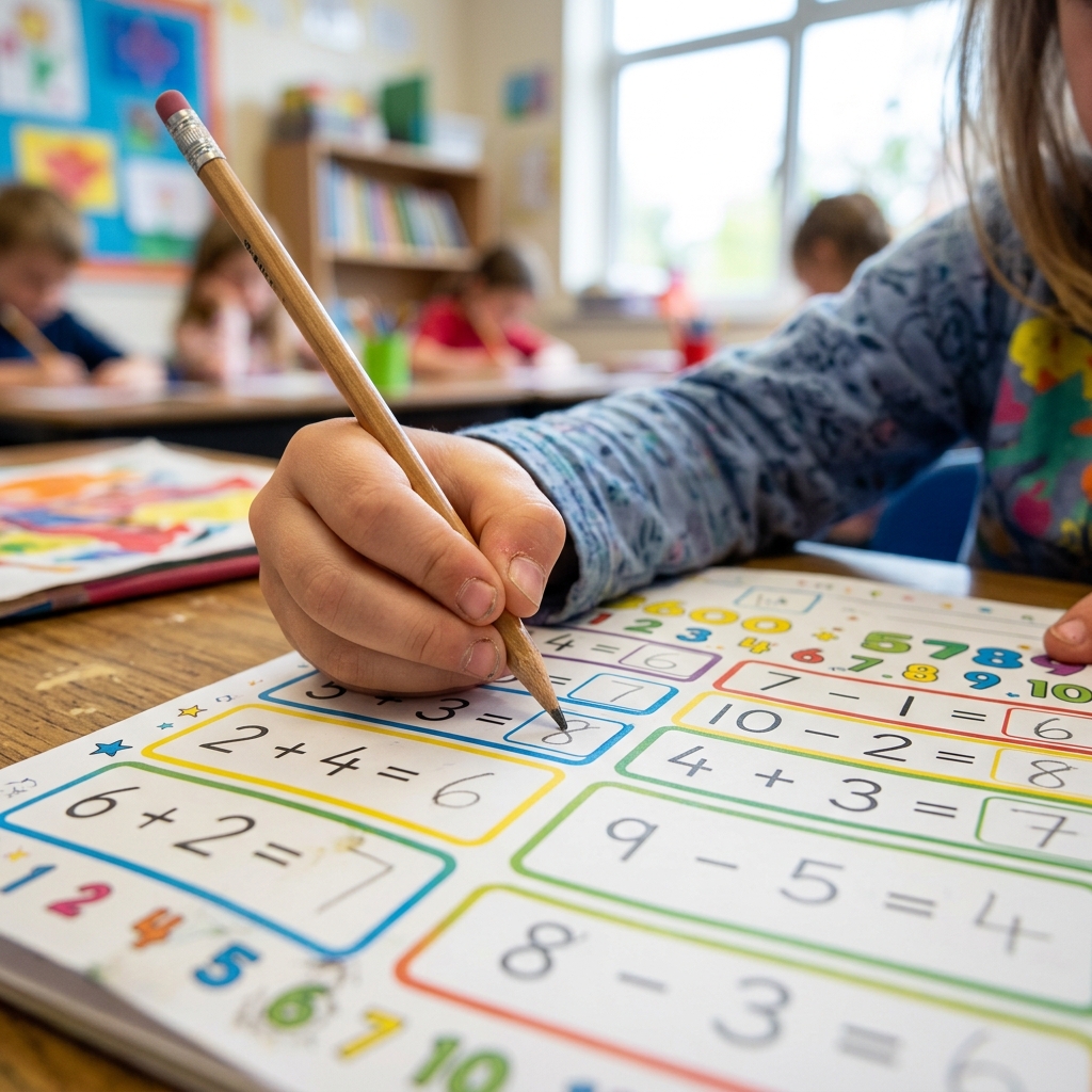 A close-up of a child's hand filling out a colorful addition and subtraction worksheet with a pencil