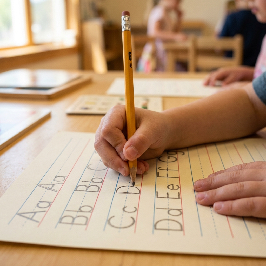 A young child's hand holding a pencil and practicing writing alphabet letters on a worksheet
