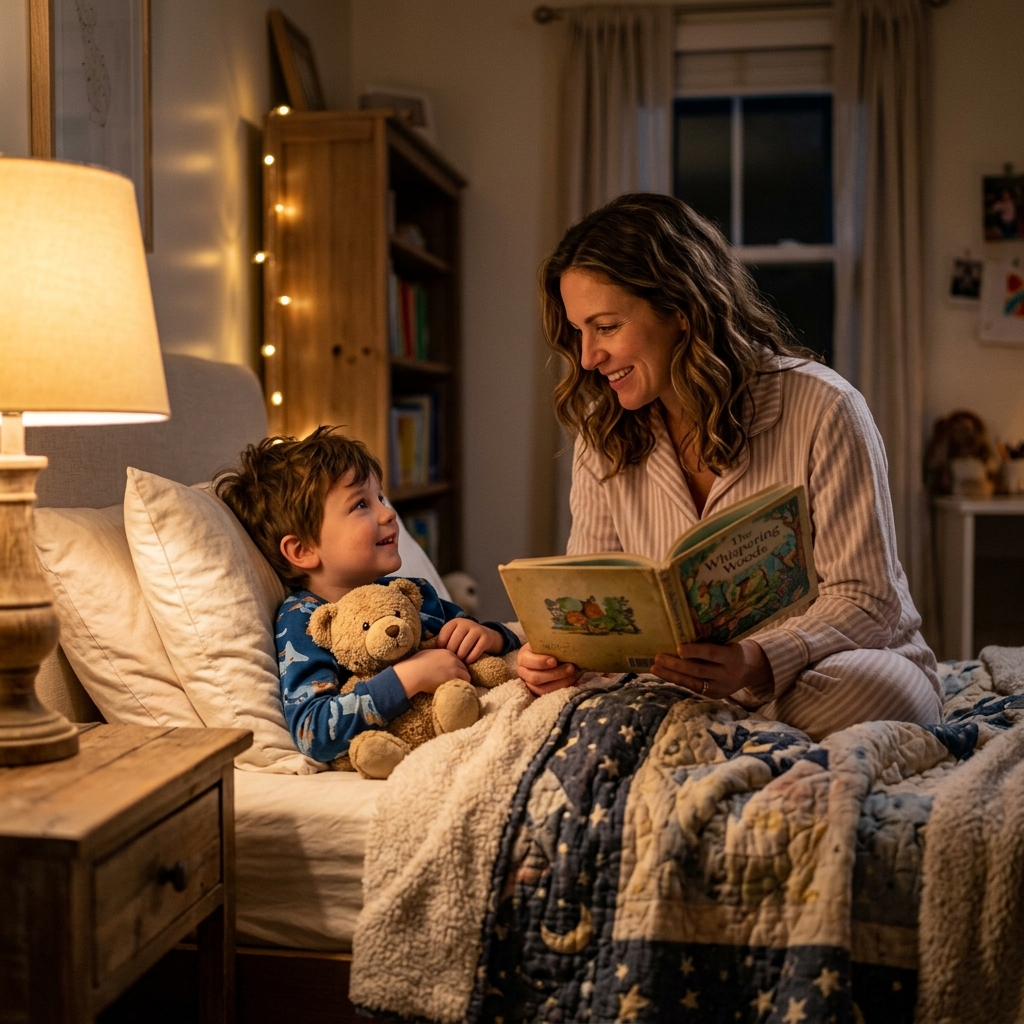 A parent reading a bedtime story to a child tucked in bed, warm cozy lamp lighting