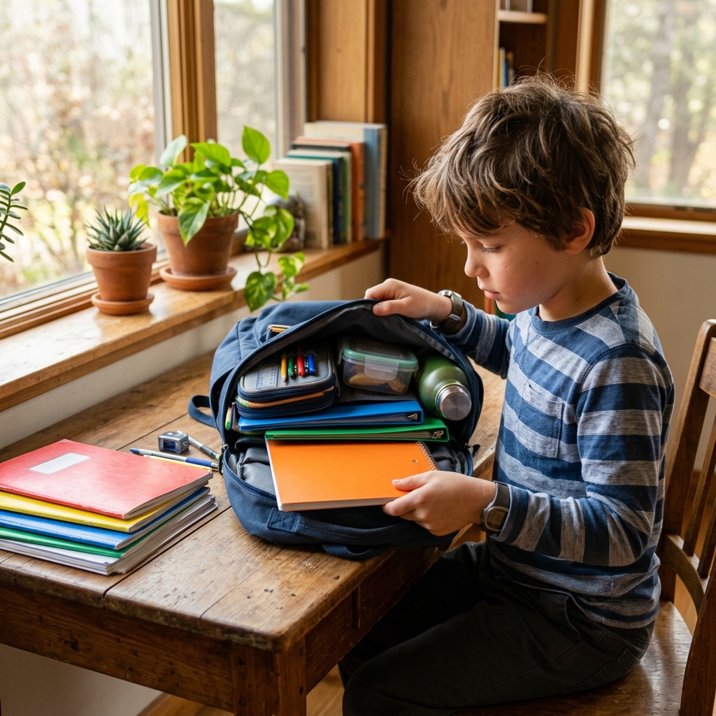 A focused child organizing their school backpack and colorful notebooks on a wooden desk