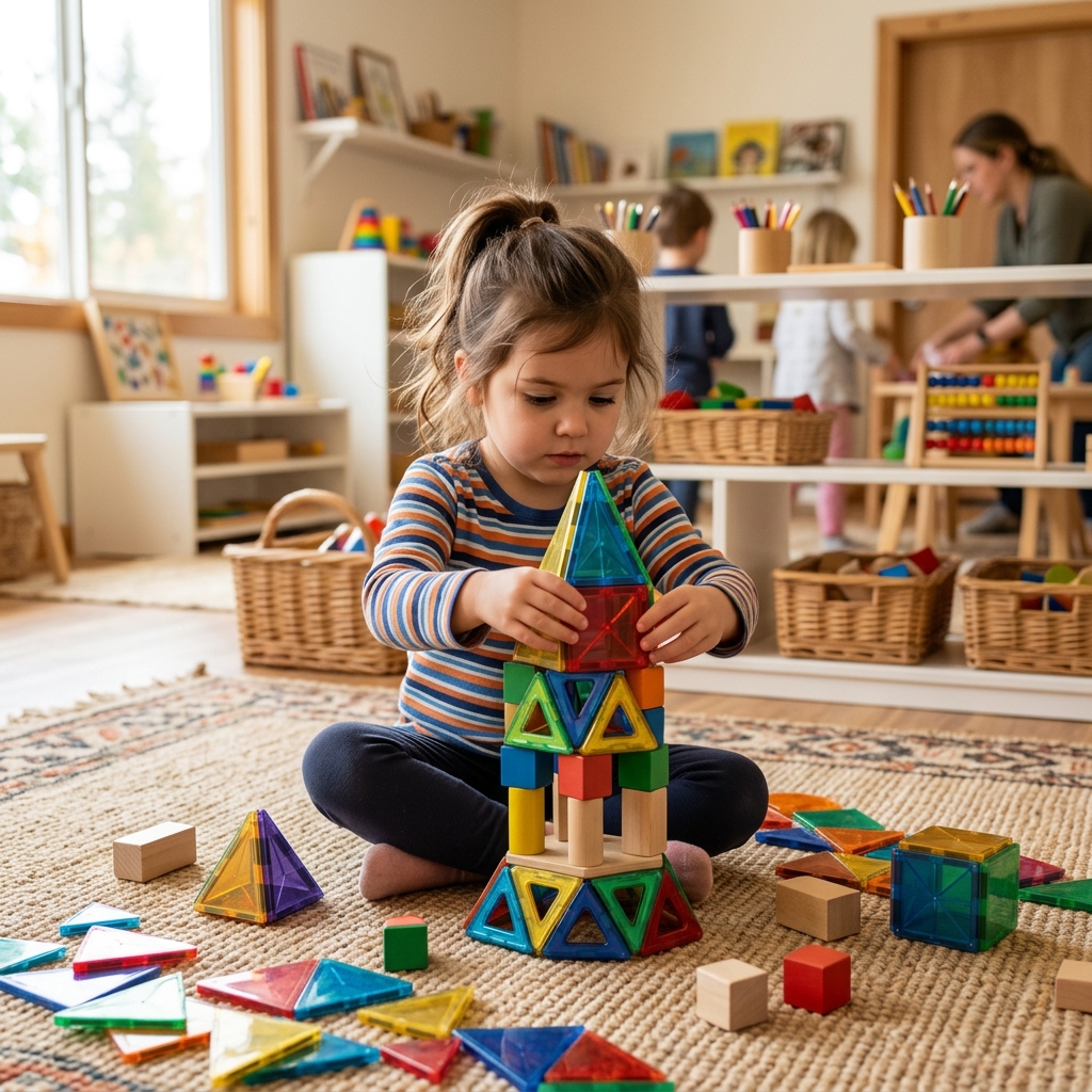 A child building geometric shapes using colorful blocks and magnetic tiles on a rug