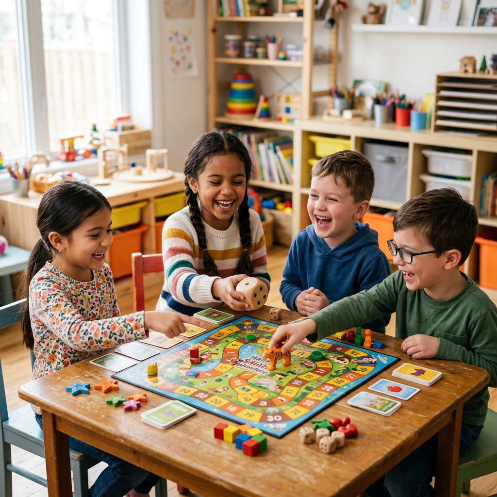 Children laughing and playing a fun interactive math board game with counting pieces