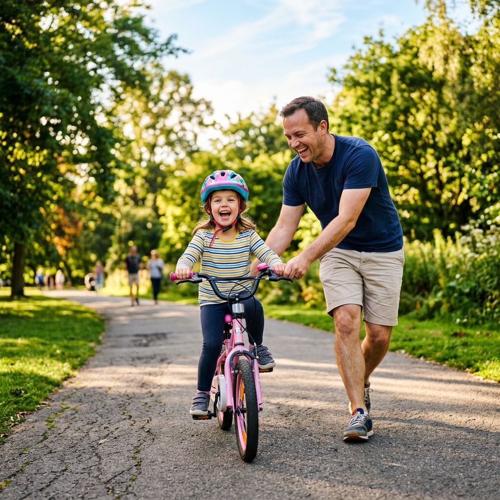 A child learning to ride a bike with a parent in a sunny park, laughing