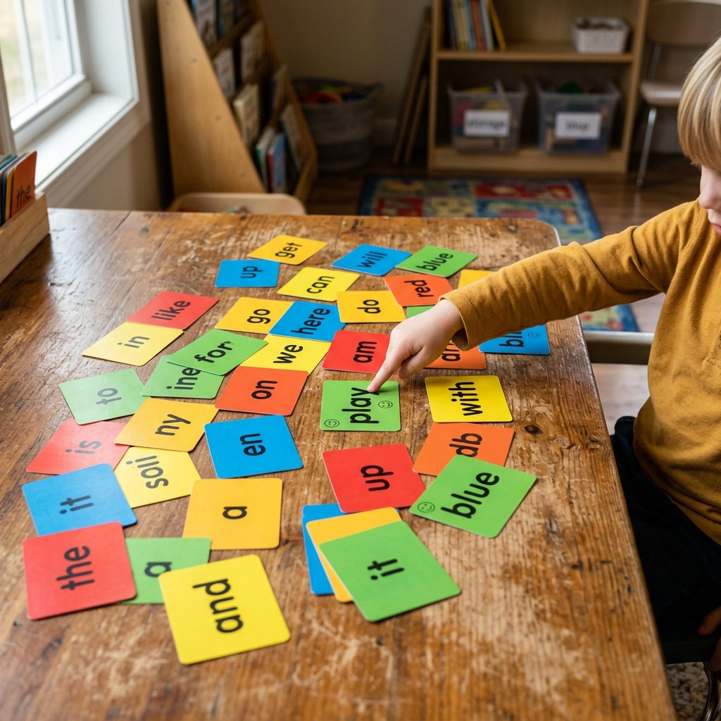 Colorful flashcards with sight words scattered on a wooden table, a child's hand pointing at them