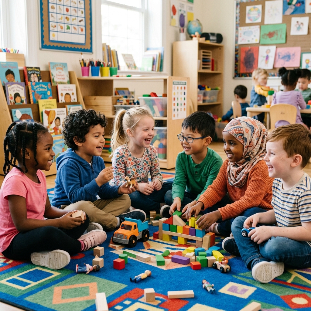 A diverse group of children sitting together in a circle, smiling, talking, and playing cooperatively, representing social skills and friendship