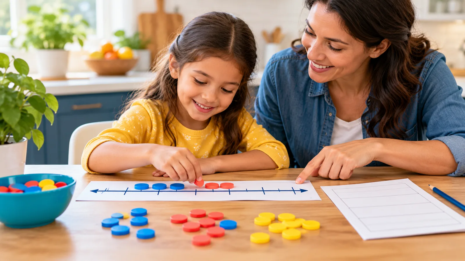 Parent and child using counters beside a number line at home