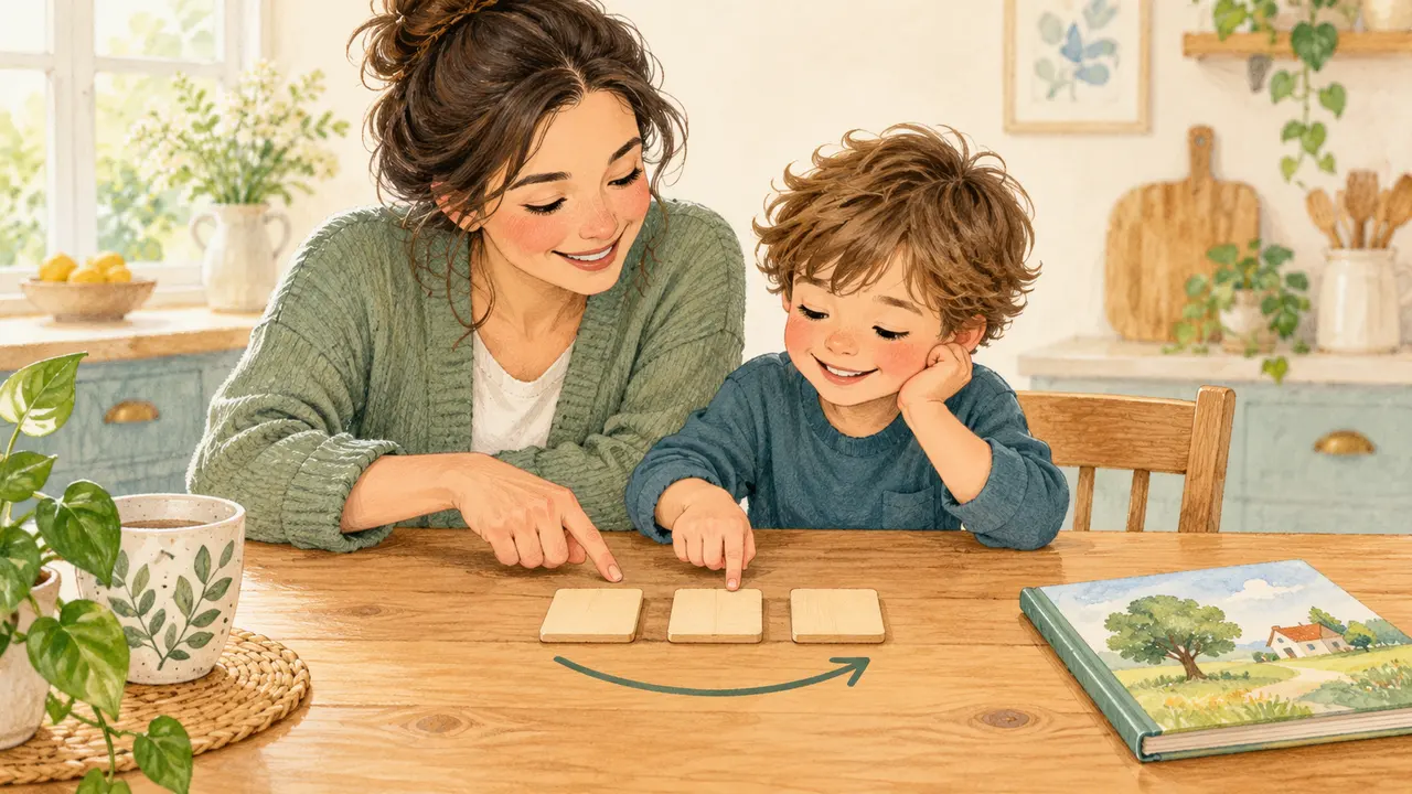 Parent and child pointing across three letter tiles during reading practice