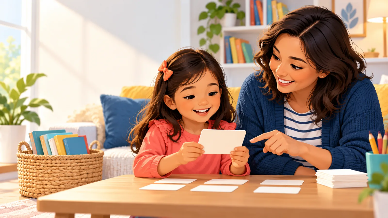 Parent and first grader practicing word cards together at home