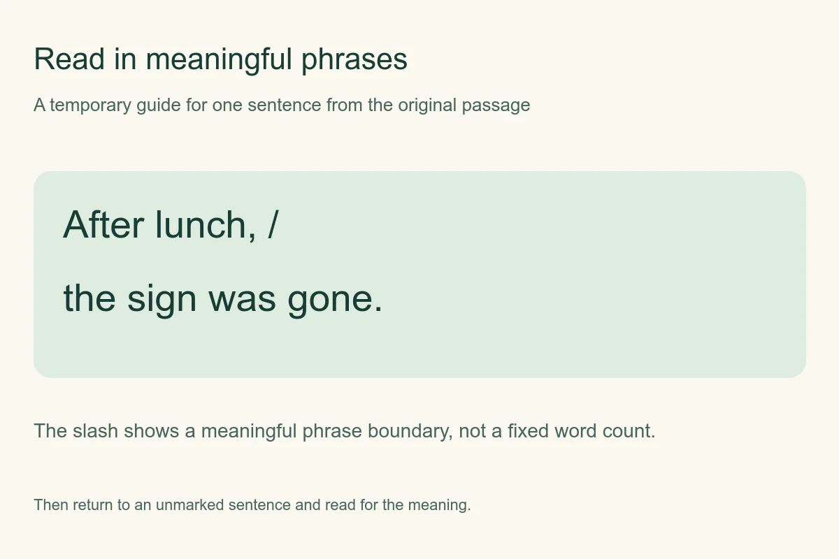 Sentence After lunch the sign was gone shown in two meaningful phrases with a temporary slash