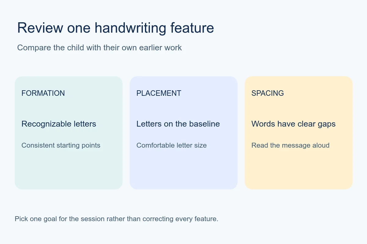 Checklist for reviewing letter formation, baseline placement, and word spacing