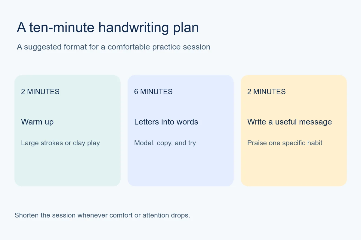Handwriting schedule with two-minute warm-up, six-minute practice, and two-minute message