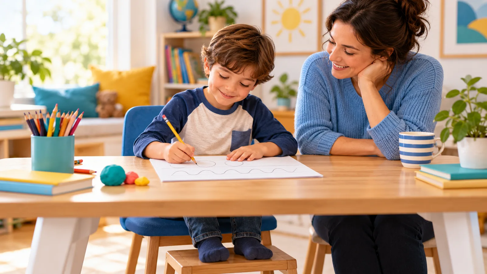 Child drawing large practice strokes at a desk with feet supported
