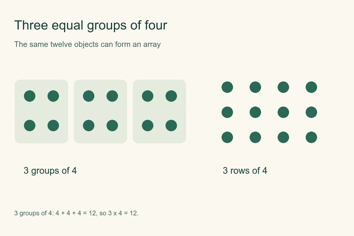 Three groups of four counters compared with an array of three rows and four columns