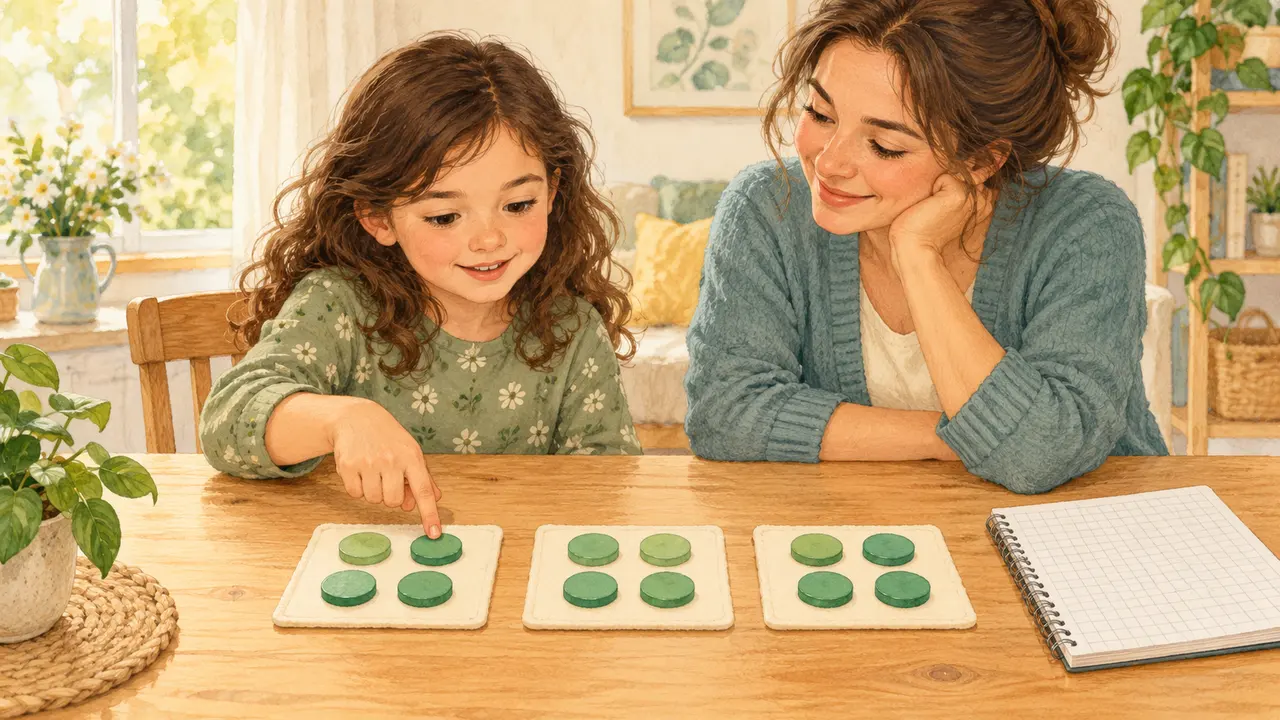 Parent and child exploring three mats with four counters on each mat