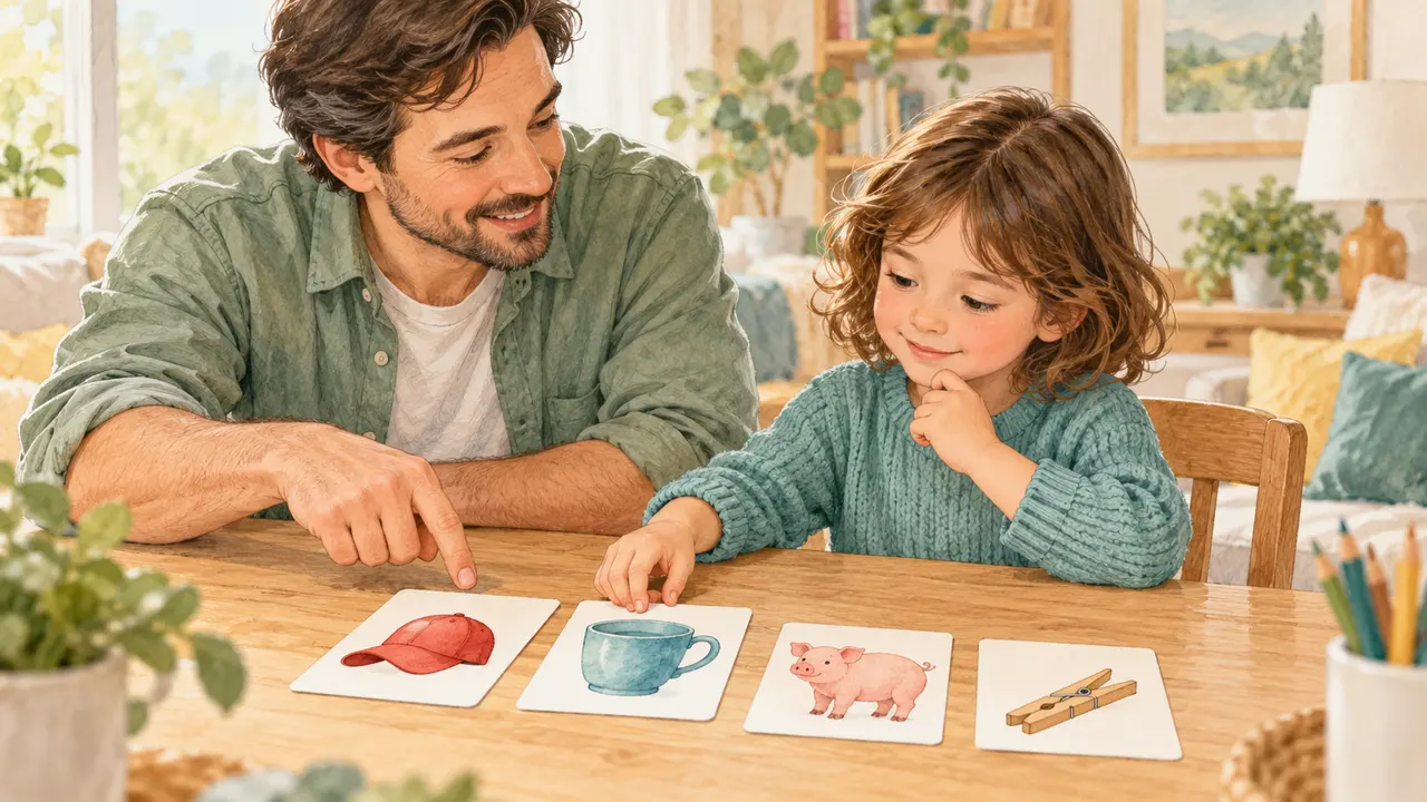 Parent and child comparing picture cards of a cap and a cup during a listening activity