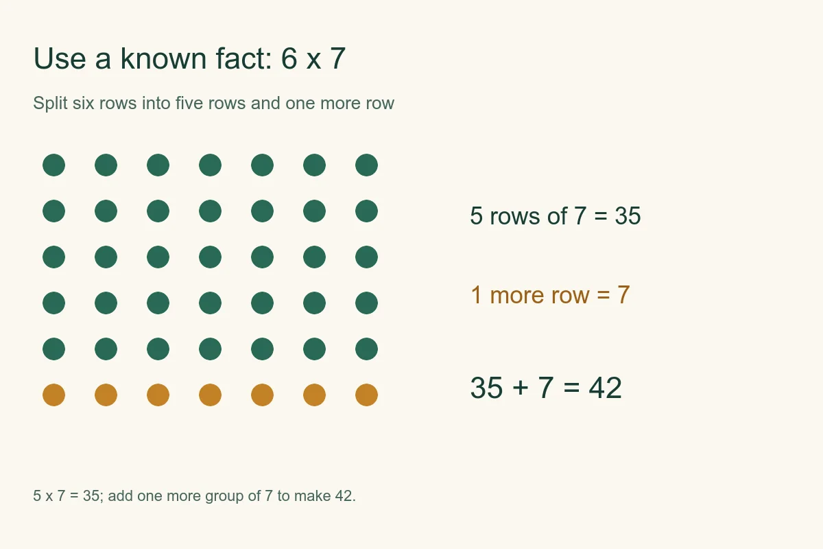 Six rows of seven dots separated into five green rows and one gold row to show thirty-five plus seven