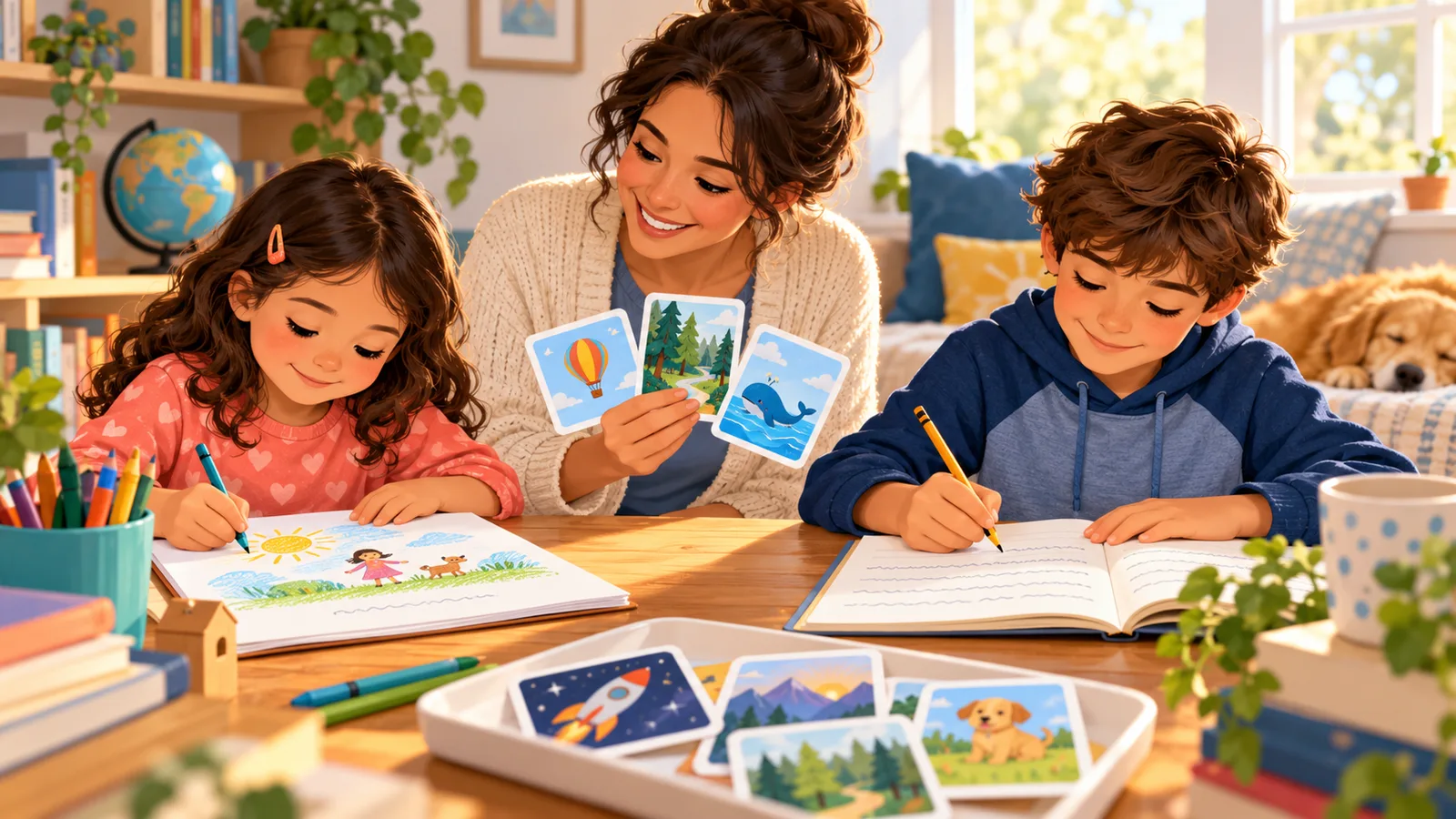 Children drawing and writing while an adult offers picture prompts