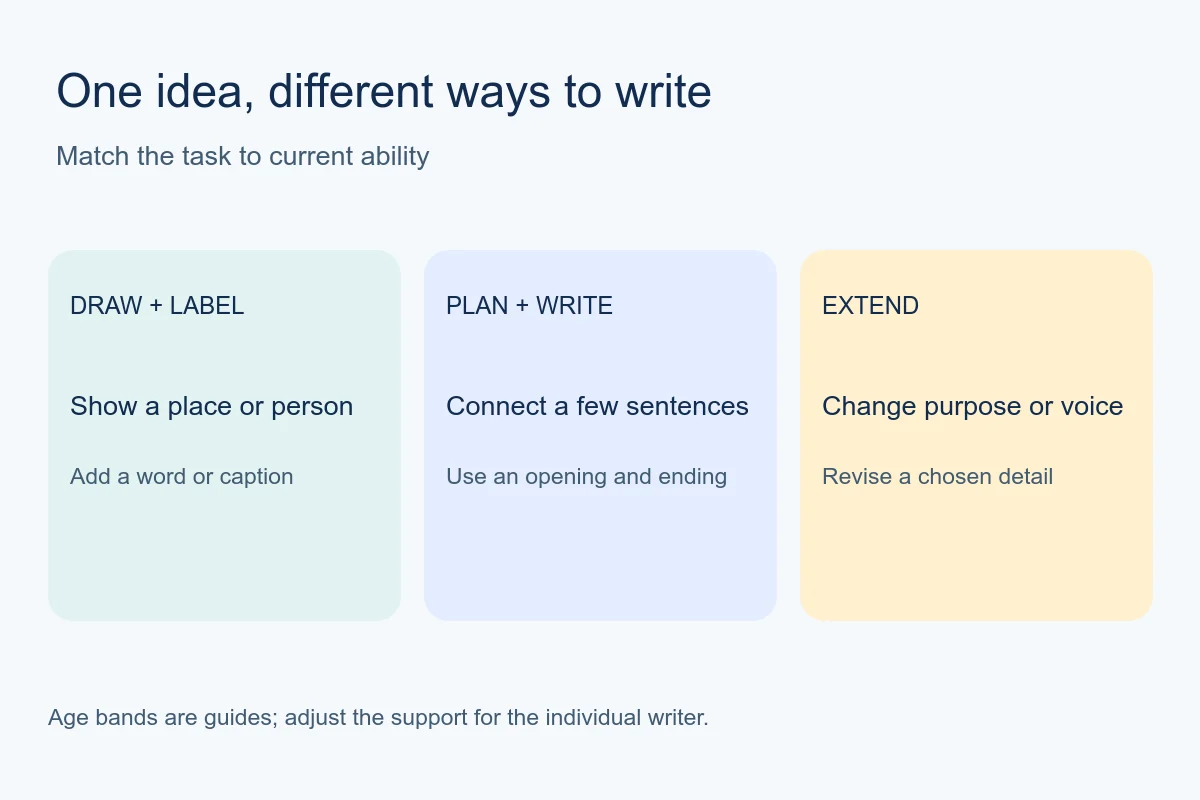 Three writing options showing draw and label, plan and write, and extended composition